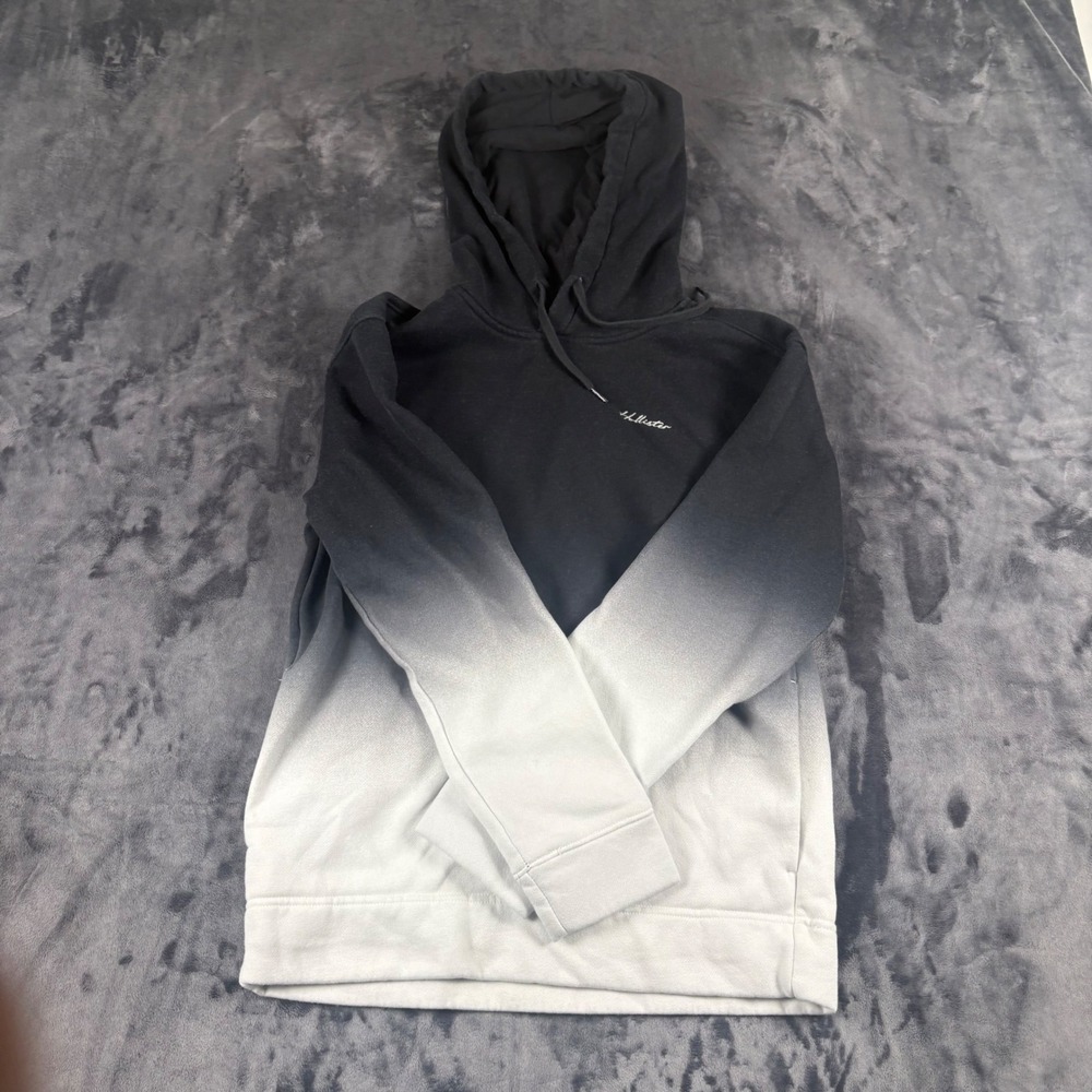 Hollister Hoodie Mens Small Black White Ombre Dip Dye Fleece Pullover 4676
